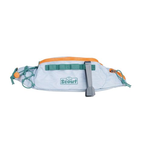 Text: "Der kleine Scout". Gürteltasche mit orangenem Reißverschluss, blassblauem Stoff und grünen Details.