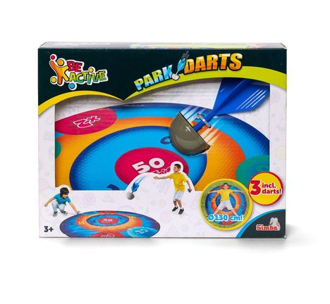 "Be Active" und "Park Darts" sind oben, "3 incl. darts!" und "Ø130 cm!" sind rechts. Es ist eine Spielverpackung.