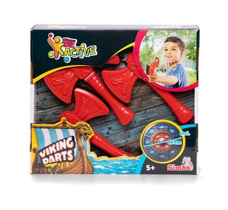 "BE ACTIVE", "Viking Darts", "5+", runde Zielscheibe, rote Wurfaxtspielzeuge, Kind mit Wikingerhelm-Illustration.