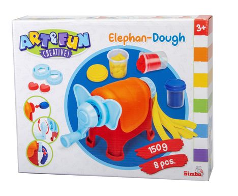 „ART & FUN CREATIVE“ und „Elephan-Dough“ auf Spielzeugverpackung mit buntem Elefanten und Knete. Ab 3 Jahren.