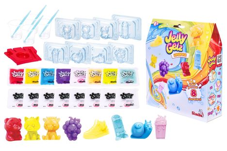 Aufschrift "Jelly Gelz". Set mit bunten Formen, Gießwerkzeugen, Pulverpäckchen und einer bunten Verpackung.