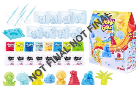 "NOT FINAL" Text quer über Gel-Förmchen, bunte Farben. Set enthält Formen, Gel-Pakete und Zubehör zum Basteln.