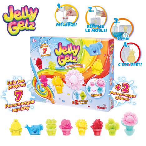 „Jelly Gelz“ und „make your own 7 characters“ auf bunter Verpackung. Enthält Formen, Gelpackungen und Plastikwerkzeuge.