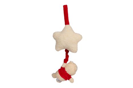 Ein beige Plüschstern mit rotem Band, an dem ein kleiner Plüschbär in rotem Pullover hängt.