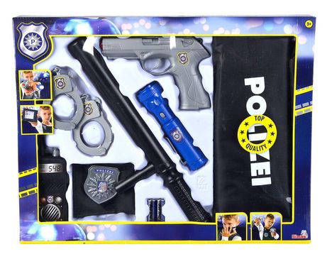 Text: „POLIZEI“, „TOP QUALITY“, „POLIZEI“. Spielzeugset mit Pistole, Handschellen und Polizeiausweis.