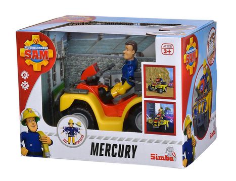 "Feuerwehrmann Sam", "Alter 3+", "MERCURY". Spielzeugfigur auf einem gelben Quad in einer Box.