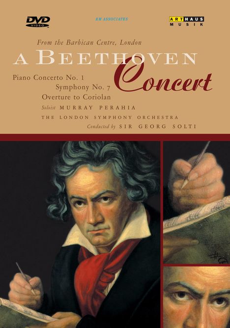 Text: "A Beethoven Concert," "Piano Concerto No. 1," "Symphony No. 7," "Coriolan," "Solist: Murray Perahia." 

Illustration eines ernsten Beethoven mit Schreibfeder.