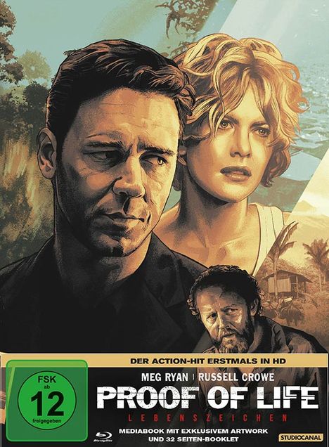 "Proof of Life: Meg Ryan, Russell Crowe. FSK 12. Illustration mit zwei ernsten Gesichtern und Landschaft im Hintergrund."