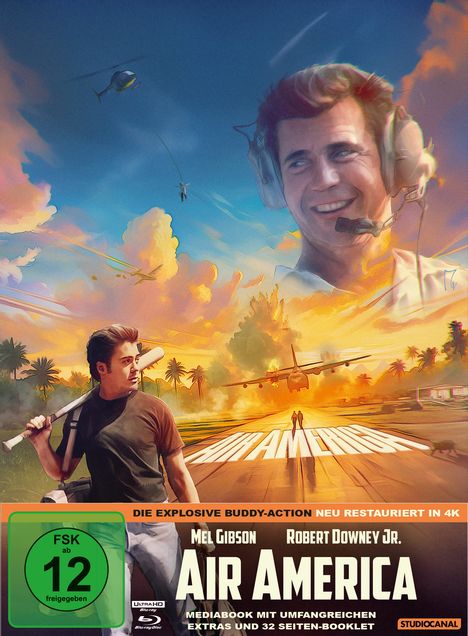 „Air America“ steht auf der Landebahn. Illustration: Mann mit Kopfhörer, Flugzeug, Palmen, Sonnenuntergangshimmel.