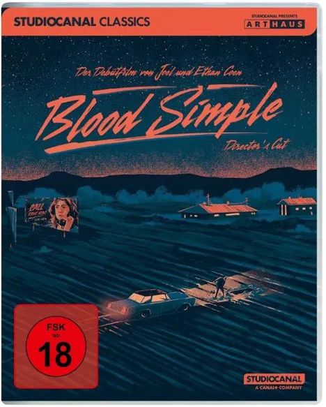 "Blood Simple" steht in roter Schrift. Darunter "Director's Cut". Im Hintergrund ist eine nächtliche Landschaft mit Auto.