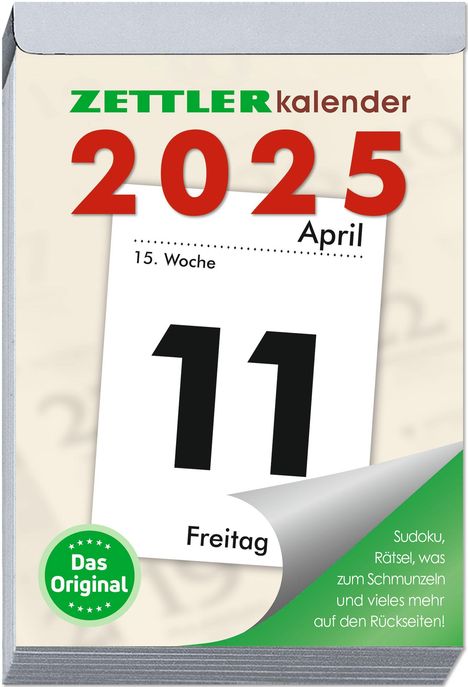 Tagesabreißkalender XXL 2025 - 9,9x14,3 cm - 1 Tag auf 1 Seite - mit Sudokus, Rezepten, Rätseln uvm. auf den Rückseiten - Bürokalender 313-0000, Kalender