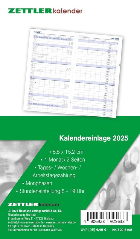 Kalender-Ersatzeinlage 2025 - für den Taschenplaner Typ 520 - 8,8x15,2 cm - 1 Monat auf 2 Seiten - separates Adressheft - faltbar - Notiz-Heft - 520-6198, Kalender