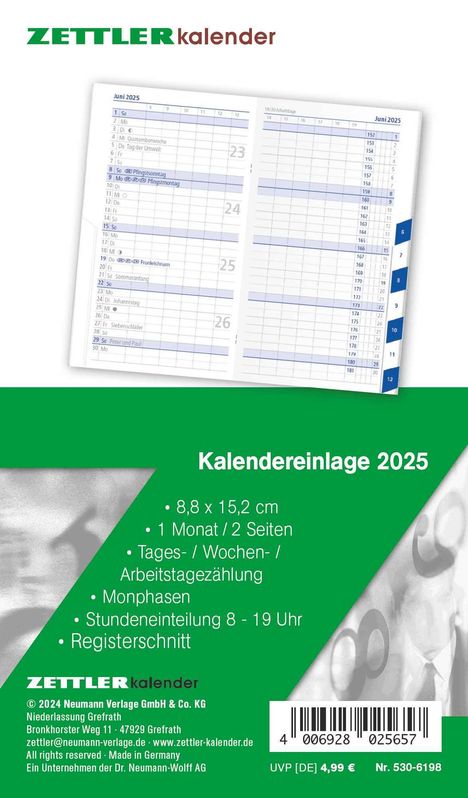 Kalender-Ersatzeinlage 2025 - für den Taschenplaner Typ 530 - 8,8x15,2 cm - 1 Monat auf 2 Seiten - Registerschnitt - separates Adressheft - Notizheft - 530-6198, Kalender