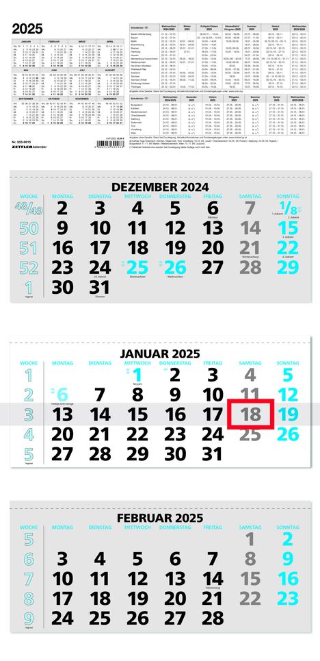 3-Monatskalender 2025 - 33,5x71 blau - mit Kopftafel - Datumsschieber - 5 sprachig - 3 Blöcke - 953-0015, Kalender