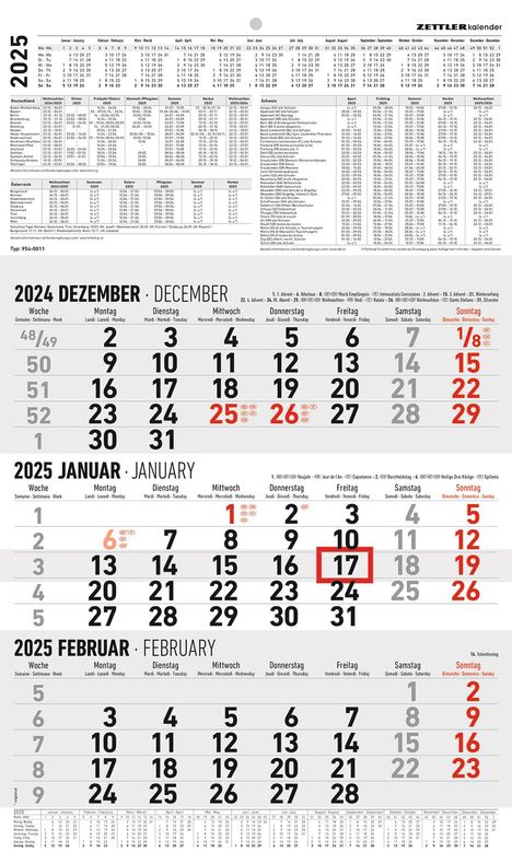 3-Monatskalender groß 2025 - Büro-Kalender 30x48,8 cm (geöffnet) - mit Datumsschieber - Zettler - 954-0011, Kalender