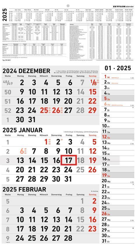 3-Monatskalender Kombi 2025 - Büro-Kalender 33x45 cm (geöffnet) mit Datumsschieber - Zettler - 957-0011, Kalender