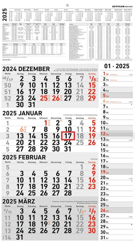 4-Monatskalender Kombi 2025 - Büro-Kalender 33x45 cm (geöffnet) - mit Datumsschieber - Zettler - 961-0011, Kalender