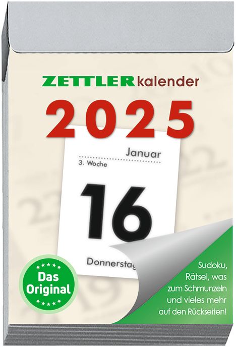 Tagesabreißkalender S 2025 - 4,1x5,9 cm - 1 Tag auf 1 Seite - mit Sudokus, Rezepten, Rätseln uvm. auf den Rückseiten - Bürokalender 301-0000, Kalender