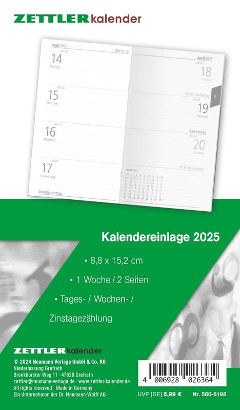 Kalender-Ersatzeinlage 2025 - für den Taschenplaner Typ 560 - 8,8x15,2 cm - 1 Woche auf 2 Seiten - separates Adressheft - Notizheft - 520-6198, Kalender