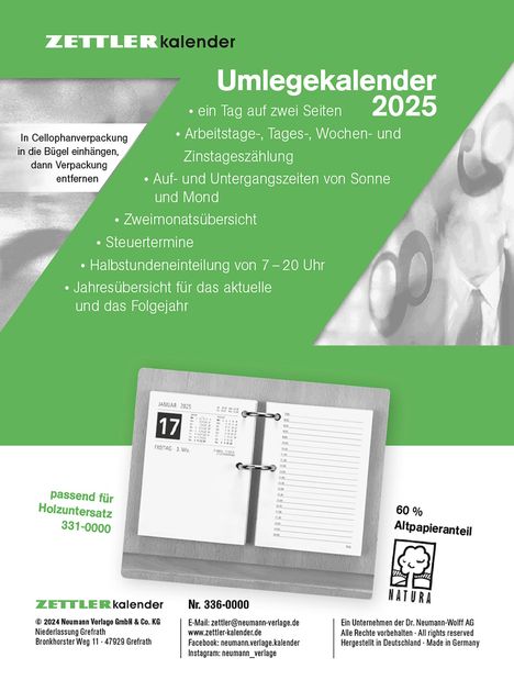 Umlege-Kalender 2025 - 8x10,8 cm - 1 Tag auf 2 Seiten - zum Einheften - Bürokalender mit 2-fach Lochung - Stundeneinteilung von 7 - 20 Uhr - 336-0000, Kalender