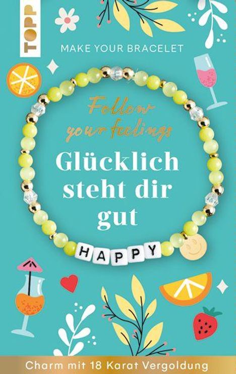 Glücklich steht dir gut. Charm mit 18 Karat Vergoldung. Illustration von bunten Getränken und einem Armband mit "HAPPY".
