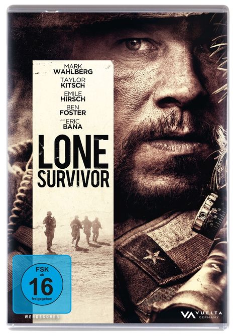 Titel: "Lone Survivor". Schauspielernamen. Soldaten in Aktion. Nahaufnahme eines bärtigen Gesichts mit ernstem Blick.