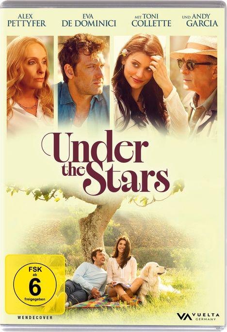 Texte: "Under the Stars", "FSK ab 6 freigegeben", "Alex Pettyfer", "Eva De Dominici", "Toni Collette", "Andy Garcia".  
Illustration: Menschen sitzen unter Baum.
