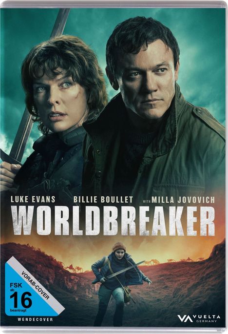 Text: "Worldbreaker" mit Luke Evans, Billie Boulet, Milla Jovovich. FSK 16 beantragt. Zwei Personen, ganzkörperliche Figur mit Schwert.