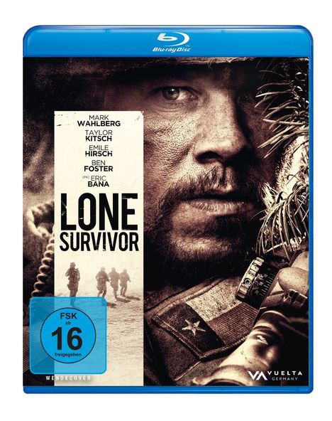 Text: "Mark Wahlberg, Taylor Kitsch, Emile Hirsch, Ben Foster und Eric Bana. LONE SURVIVOR. FSK ab 16 freigegeben." Illustration von einem Soldaten.