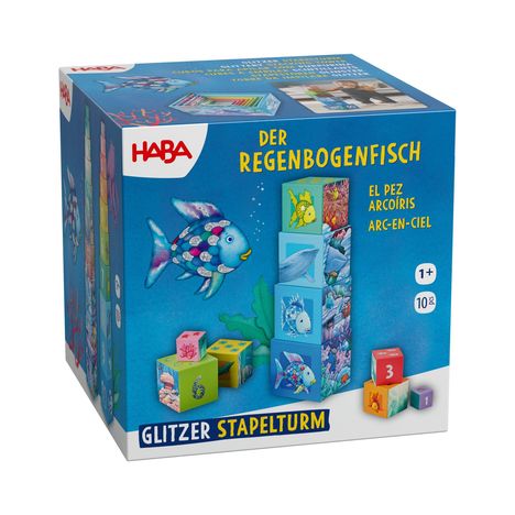 „Der Regenbogenfisch“ und „Glitzer Stapelturm“ sind in bunten Buchstaben auf einer blauen Verpackung zu sehen. Ein bunter Fisch-Illustration.