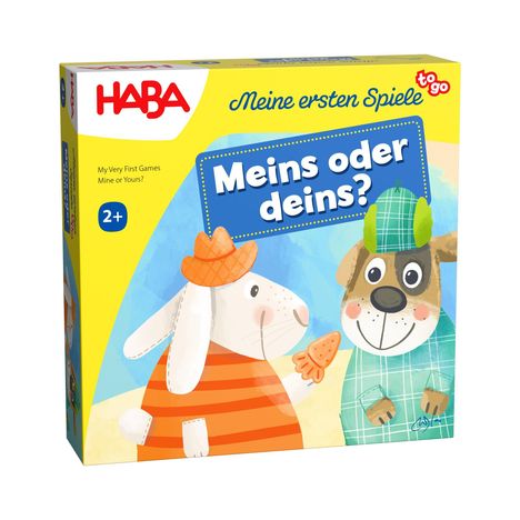 „Meins oder deins?", „Meine ersten Spiele“, „2+“, Illustration mit Hase und Hund in bunten Outfits.