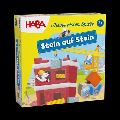 "Stein auf Stein", HABA, "Meine ersten Spiele", 2+. Illustration: Tiere auf Baustelle mit Kran, Lastwagen und Bauarbeiter.