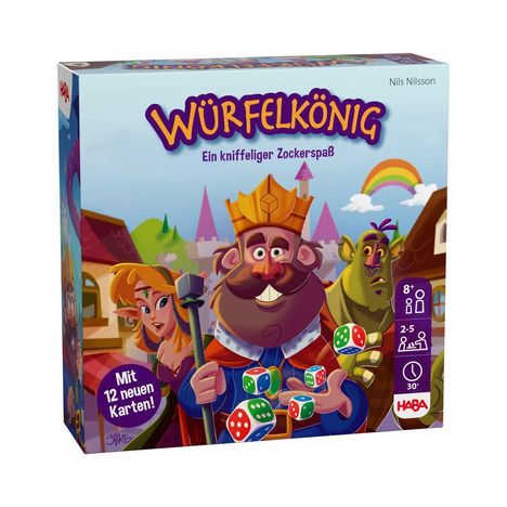 „WÜRFELKÖNIG: Ein kniffliger Zockerspaß“. Illustration: Ein König mit bunten Würfeln, begleitet von Figuren in einem Märchendorf.