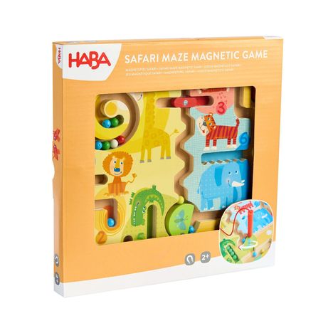"SANFARI MAZE MAGNETIC GAME", "MAGNETSPIEL SAFARI", bunte Tiere: Löwe, Giraffe, Zebra, Elefant auf einem Spielbrett.