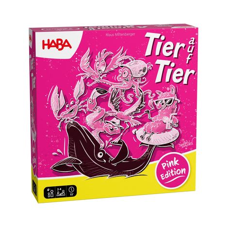 Auf pinkem Hintergrund steht „Tier auf Tier“ und „Pink Edition“, mit einer Zeichnung von Tieren, die sich stapeln.