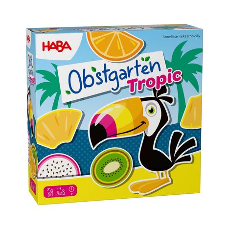 „Obstgarten Tropic“. HABA. Illustrationen von Früchten und einem fröhlichen Tukan vor Palmen.