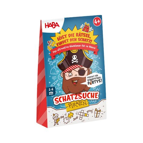 "Löst die Rätsel, findet den Schatz!" Ein Cartoon-Pirat mit Augenklappe und rotem Bart auf einer Spieleverpackung.