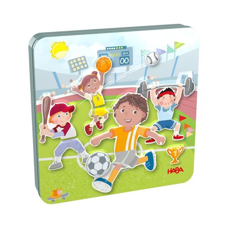 „45:00“ und „00“ auf Anzeigetafel; Illustration von Kindern beim Fußball, Basketball, Baseball und Gewichtheben.