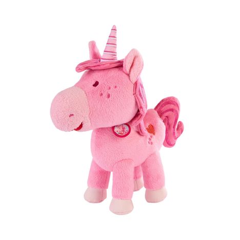Ein Plüscheinhorn in Rosa mit einer gestreiften Mähne. Das Horn ist gestreift, der Körper weich und kindgerecht gestaltet.