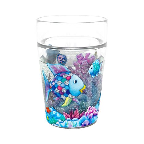 Illustration von bunten Fischen und Korallen in einem Glas, dominieren Blau- und Violetttöne.