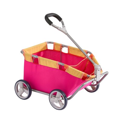 Keine sichtbaren Texte. Ein leuchtend pinker Wagen mit gelben Rändern, großen Rädern und einem schwarzen Griff.