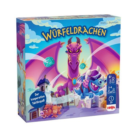 Der Titel ist "WÜRFELDRACHEN". Eine Illustration zeigt bunte, fliegende Drachen mit Würfeln über einer Stadt.