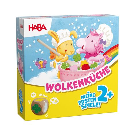 "WOLKENKÜCHE", "MEINE ERSTEN SPIELE", "2+". Ein Hase und Einhorn kochen auf einer Wolke. Bunter Regenbogen und Schmetterling.