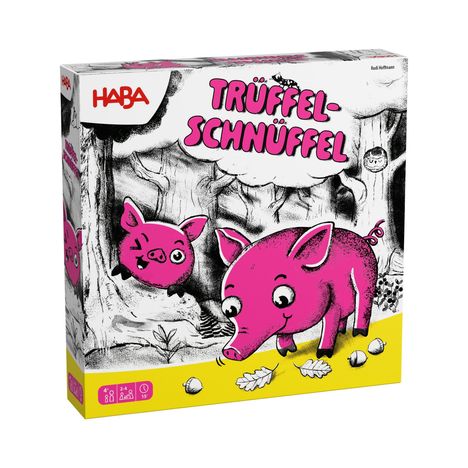 Text: "HABA", "TRÜFFEL-SCHNÜFFEL". Illustration: Zwei pinke Schweine im Wald auf gelbem Hintergrund, Eicheln und Blätter.