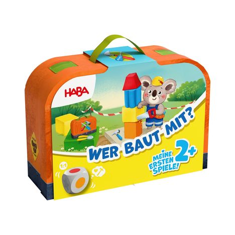 Text: „Wer baut mit? Meine ersten Spiele 2+“. Illustration: Koala mit Bauklötzen, Würfeln und Werkzeugen in einer Landschaft.