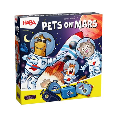 „HABA“, „PETS ON MARS“. Illustration: Tiere in Astronautenanzügen vor einer Rakete und Mars-Hintergrund.