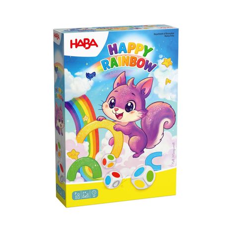 "HAPPY RAINBOW" in bunten Buchstaben. Niedliches lila Eichhörnchen mit Regenbögen und bunten Würfeln auf Wolken.