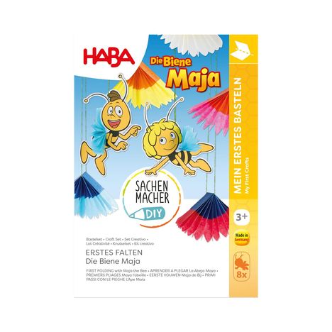 Text: HABA, Die Biene Maja, SACHEN MACHER DIY, MEIN ERSTES BASTELN, ERSTES FALTEN Die Biene Maja. Illustration mit Biene Maja.