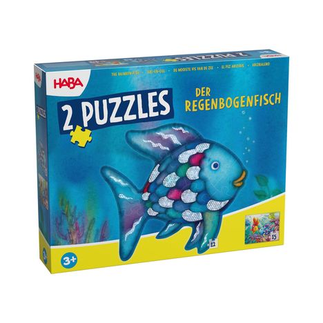 "2 PUZZLES DER REGENBOGENFISCH" steht auf der Verpackung. Ein bunter Fisch mit glänzenden Schuppen ist abgebildet.