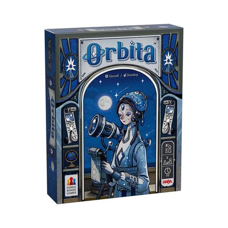 Aufschrift: "Orbita". Illustration einer Person mit Teleskop unter Nachthimmel, stilisierte blaue und weiße Farben.